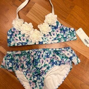 NWT Janie and Jack Floral Ruffle Two-Piece Bikini with White Flower Appliqués 10